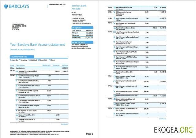 Modèle Word et PDF de relevé de compte bancaire Barclays au Royaume Uni, 2 pages